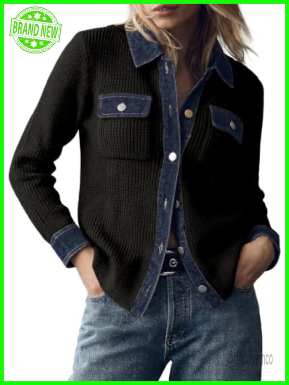Waffle Knit Button Down Cardigan Sweater with Denim Trim